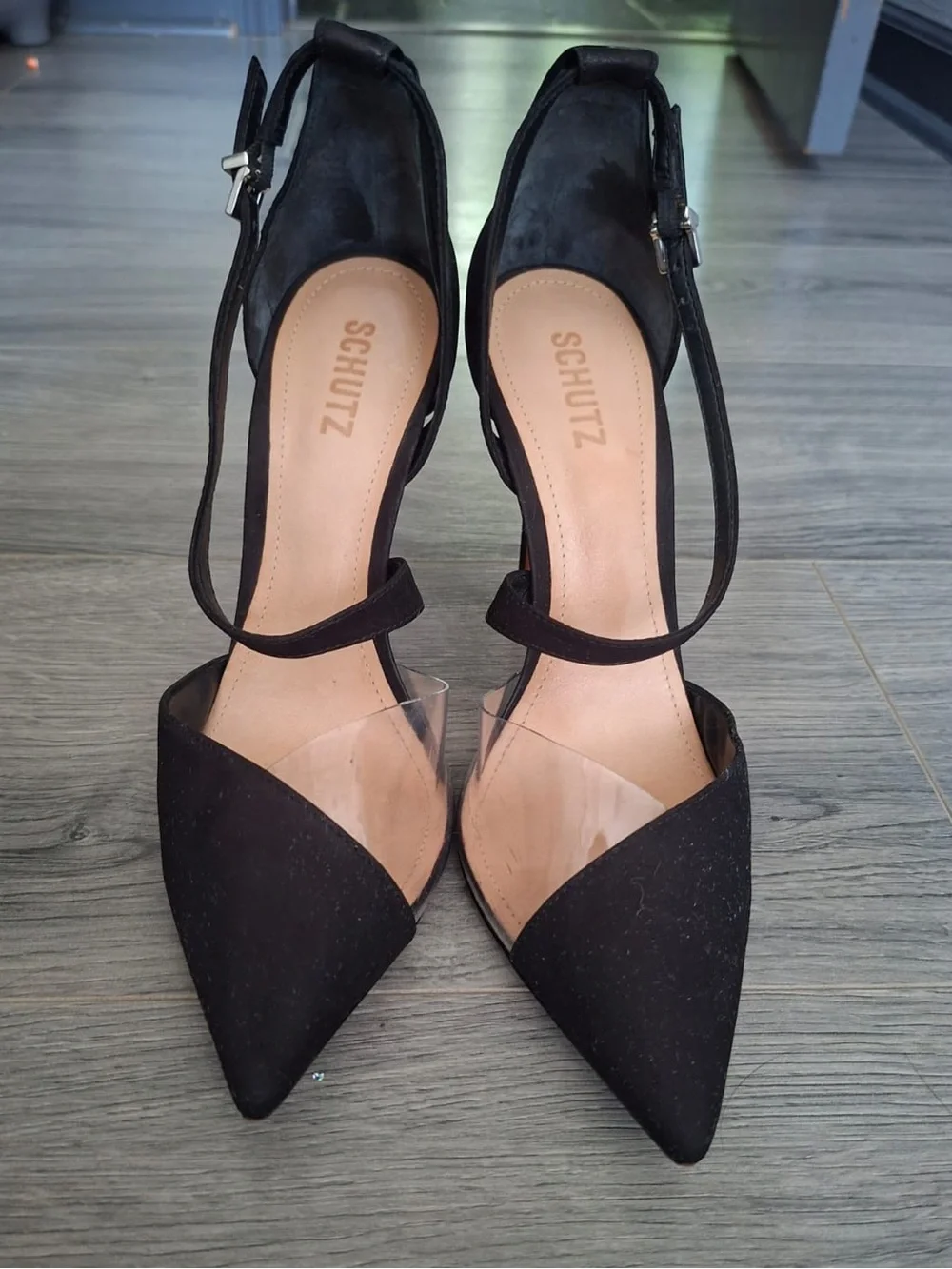SCHUTZ Black Pointed Toe Ankle Strap Heels